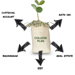 college plan money tree pointing to Roth IRA, real estate, 529, Brokerage and Custodial accounts.